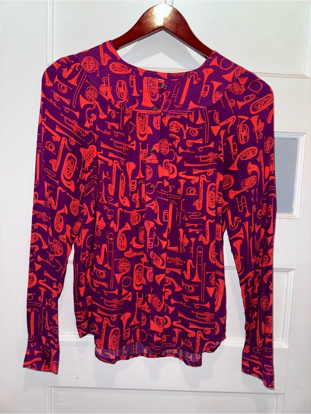 Anthropologie Purple & Red Musical-Print Long Sleeve Blouse
